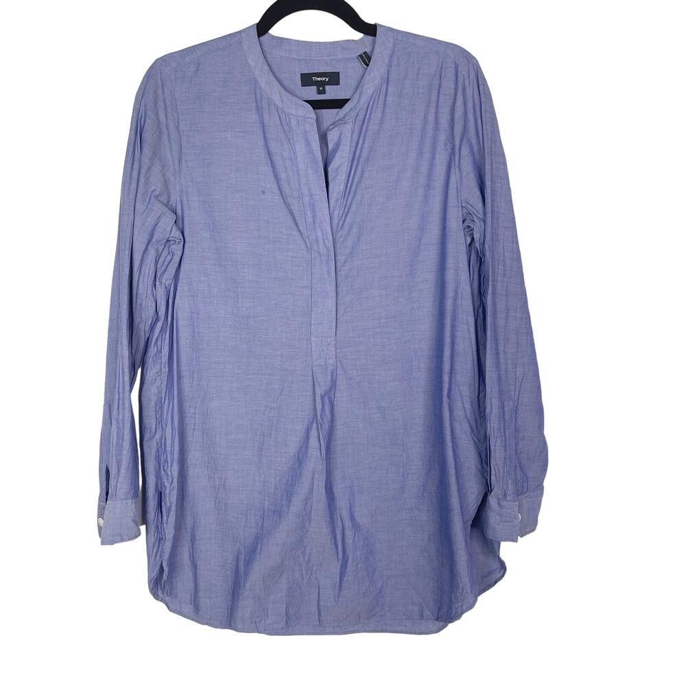 Theory Womens Medium Blue Orvinio Long Sleeve Tunic Blouse Split V Neck Cotton